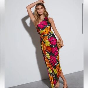 Vici Modern Day Glam Satin Pleated One Shoulder Cutout Asymmetrical Maxi Dress